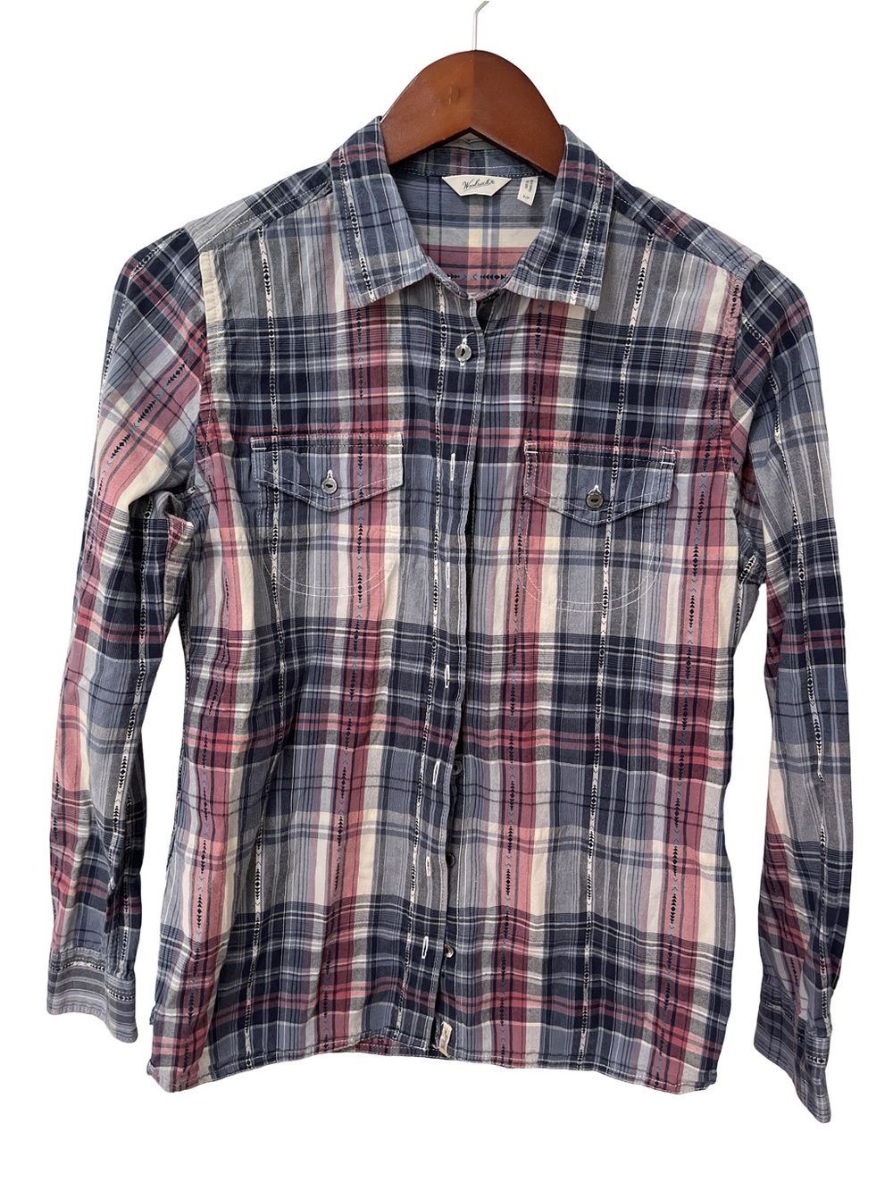 Woolrich Women's Small Mauve Blue Plaid Cotton Button Up Long Sleeve Shirt
